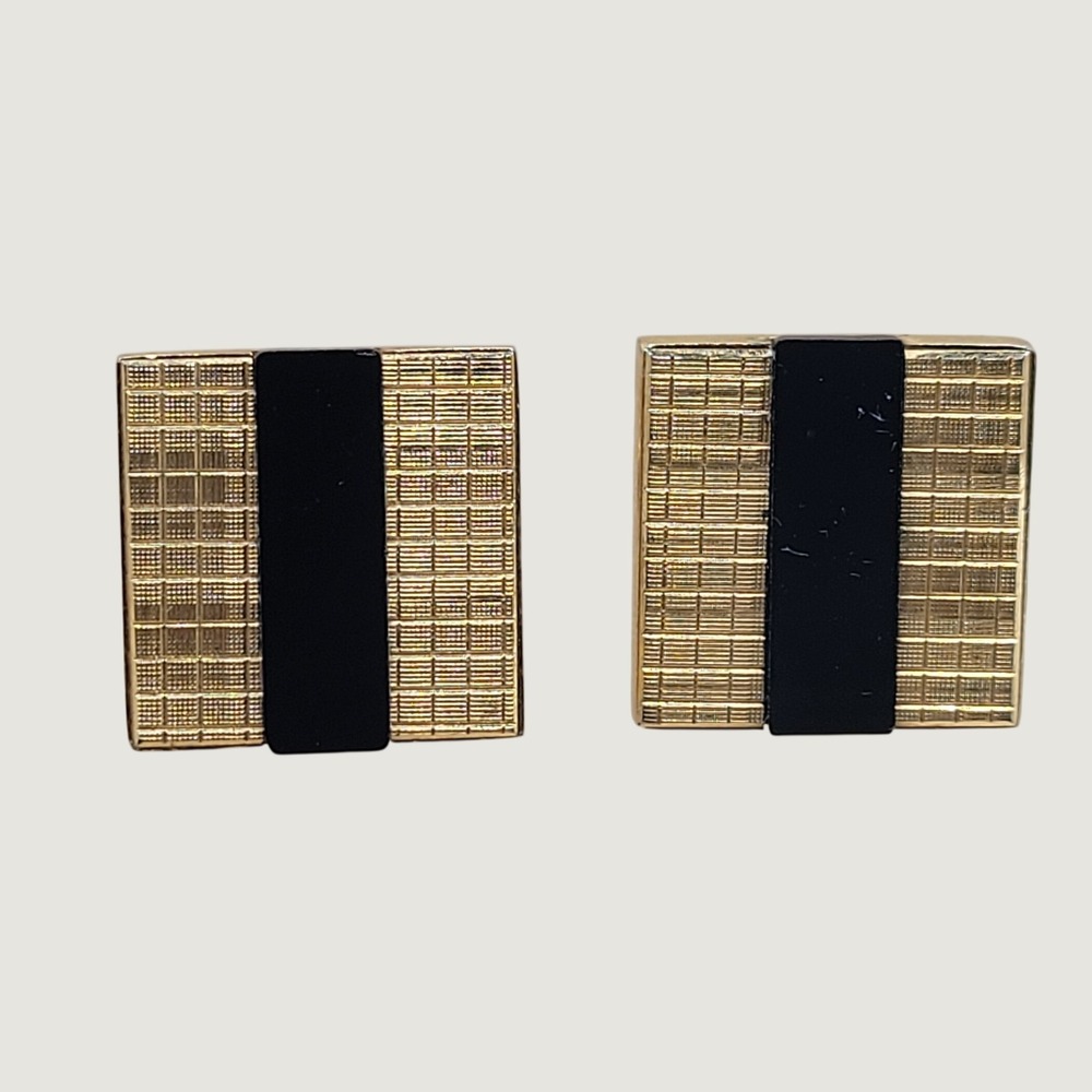 Christian Dior Vintage Cufflinks Gold Tone Black Enamel Square Grid Designer